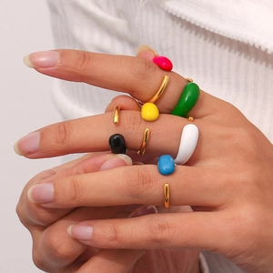 Minimalist gold stainless steel open ring with colorful resin water drop accents for women