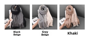 Three-panel view of bicolor faux cashmere scarves in black, grey, and khaki with fringe