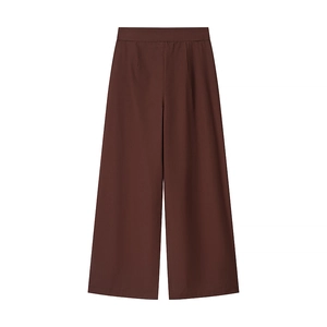 Pantalon large en lin marron foncé posé à plat avec taille lisse pour femmes