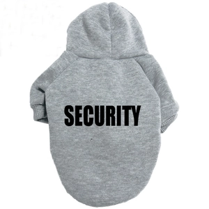 Detail of grey pet hoodie with bold black SECURITY print on soft fleece fabric