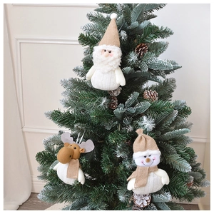 Plush Christmas tree ornaments set featuring Santa, reindeer, and snowman in warm knit fabric