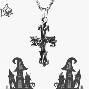 Gothic stainless steel bat cross necklace with skull pendant for Halloween costume