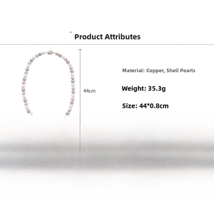 Detail specifications for French pearl necklace featuring 44cm length and 8mm diameter