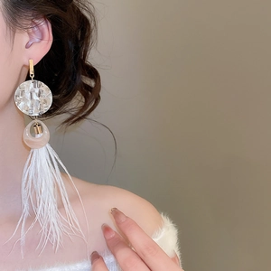 Vue détaillée des boucles d'oreilles ethniques en résine avec pompons en plumes blanches