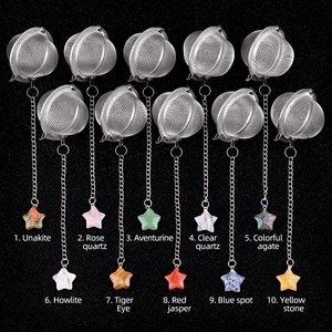 Stainless steel mesh tea infuser balls set with 10 varieties of star gemstone pendants