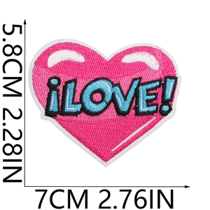Pink heart embroidered LOVE patch for clothing decoration, dimensions 7x5.8cm