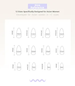 Guide des tailles montrant 12 dimensions pour faux ongles à damier et motifs floraux