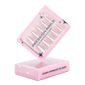 Chic pearlescent pink cat-eye almond press-on nails in minimalist pink display packaging
