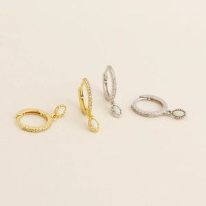 S925 silver opal huggie hoop earrings with cubic zirconia in gold and silver plating