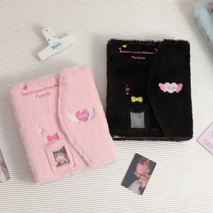 Pink and black plush cartoon photo albums with Sweet Love Memory embroidery and heart details