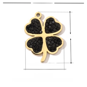 Detailed view of gold stainless steel clover pendant with dimensions 16mm x 13mm