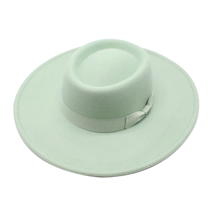 Mint green wide brim wool felt jazz hat for men and women with ribbon decorative band