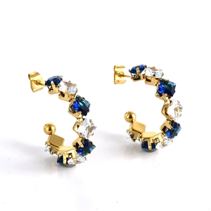 18K gold plated stainless steel C-shaped earrings with blue and white square zircons