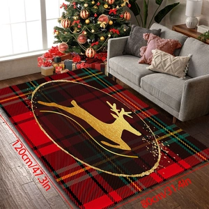Detail view of 80x120cm Christmas tartan rug with reindeer silhouette on wooden floor