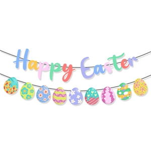 Detailed Happy Easter banner featuring colorful letters and vibrant hanging Easter eggs
