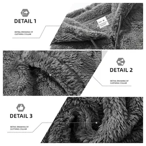 Detailed views of gray thick fleece hoodie showing collar, pocket, and plush texture
