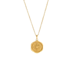 French vintage stainless steel necklace with gold starburst compass round pendant