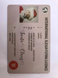 Detailed view of Santa Claus flight license card with magical driving endorsements