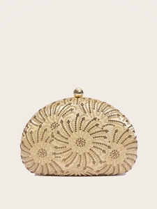 Elegant gold shell evening clutch bag with spiral bead embroidery and metal clasp