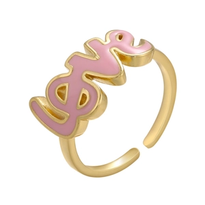Minimalist adjustable gold ring with pink enamel love letters on a white background