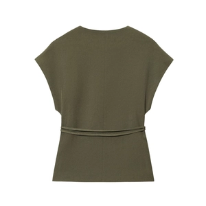 Rear view of olive green sleeveless top with adjustable waist tie and fabric texture detail