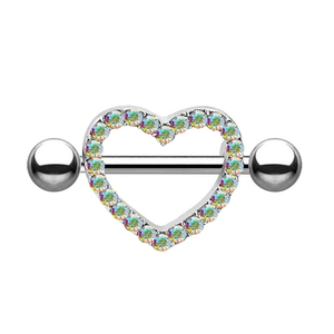 Detailed view of silver heart nipple ring with colorful AB zircons on white background