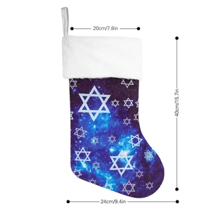 Detailed size chart for the royal blue Christmas stocking with snowflake patterns