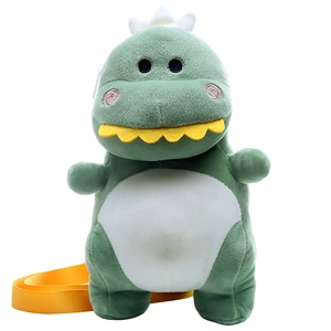 Cute green dinosaur plush crossbody bag for girls with bright yellow shoulder strap