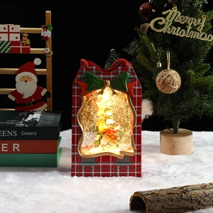 Luminous Christmas handbag decor with red plaid texture and glowing miniature winter scene
