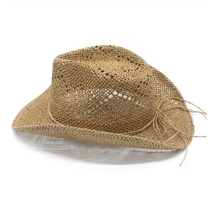 Cappello da cowboy in paglia intrecciata a mano con design traforato e fiocco