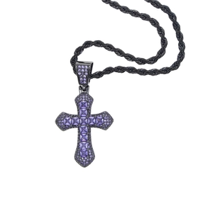 Detailed view of black cross pendant with purple zircon stones on a black rope chain