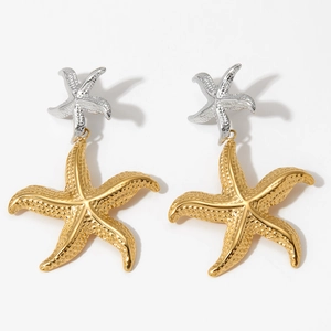 Starfish Drop Earrings Double Layer Stainless Steel Gold Plated Textured Beach Summer Vacation Jewelry For Women