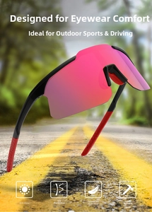 Detail view of pink mirrored cycling sunglasses lens with black aerodynamic frame