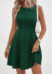 Detail of dark green sleeveless crewneck dress with cinched waist and A-line silhouette