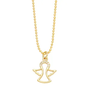 Minimalist gold angel pendant necklace with shimmering zircon inlay on a ball chain