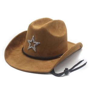 Suede Western Cowboy Hat With Sparkling Star Decor Wide Brim Adjustable Chin Strap Retro Ethnic Style Unisex