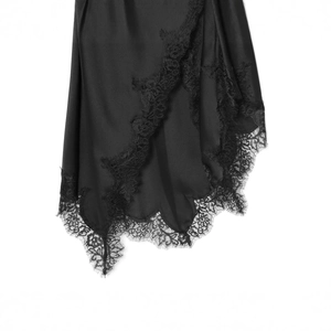 Elegant black satin slip dress with delicate eyelash lace trim and silky texture