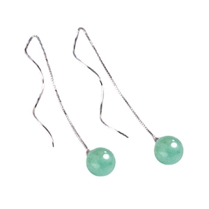 Elegant S925 silver thread earrings featuring natural green aventurine round stone beads