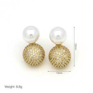 Detail view of round pearl and crystal-studded gold earrings, size 23mm, weight 8.8g