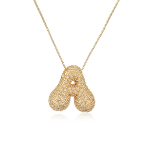 Gold balloon style initial A pendant necklace with sparkling cubic zirconia on white background