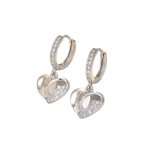Silver 3D heart-shaped hoop earrings with sparkling cubic zirconia on white background