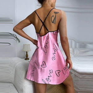 Pink satin ice silk nightdress with black love prints and sexy crisscross back straps