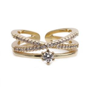 Adjustable gold double-layer crisscross ring with pavé zircon accents on a white background
