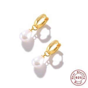 Minimalist gold S925 sterling silver hoop earrings with elegant teardrop pearls