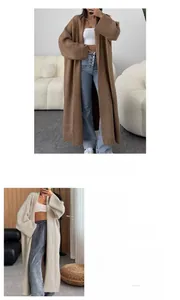 Détails du mélange de tissus et tableau des tailles pour ce long cardigan en maille