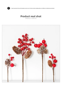 Detail of red foam berries and natural pine cones on artificial Christmas branches