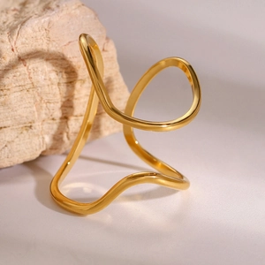 Elegant 18k gold plated stainless steel irregular wavy open ring with a polished finish