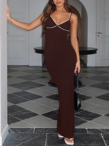 Elegant Y2K brown bodycon maxi dress with white lace trim and chic strap details