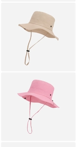 Close-up of a wide brim sun hat featuring an adjustable windproof drawstring for outdoor use
