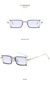 Detail of grey rectangular metal sunglasses with light blue lenses from front and side views